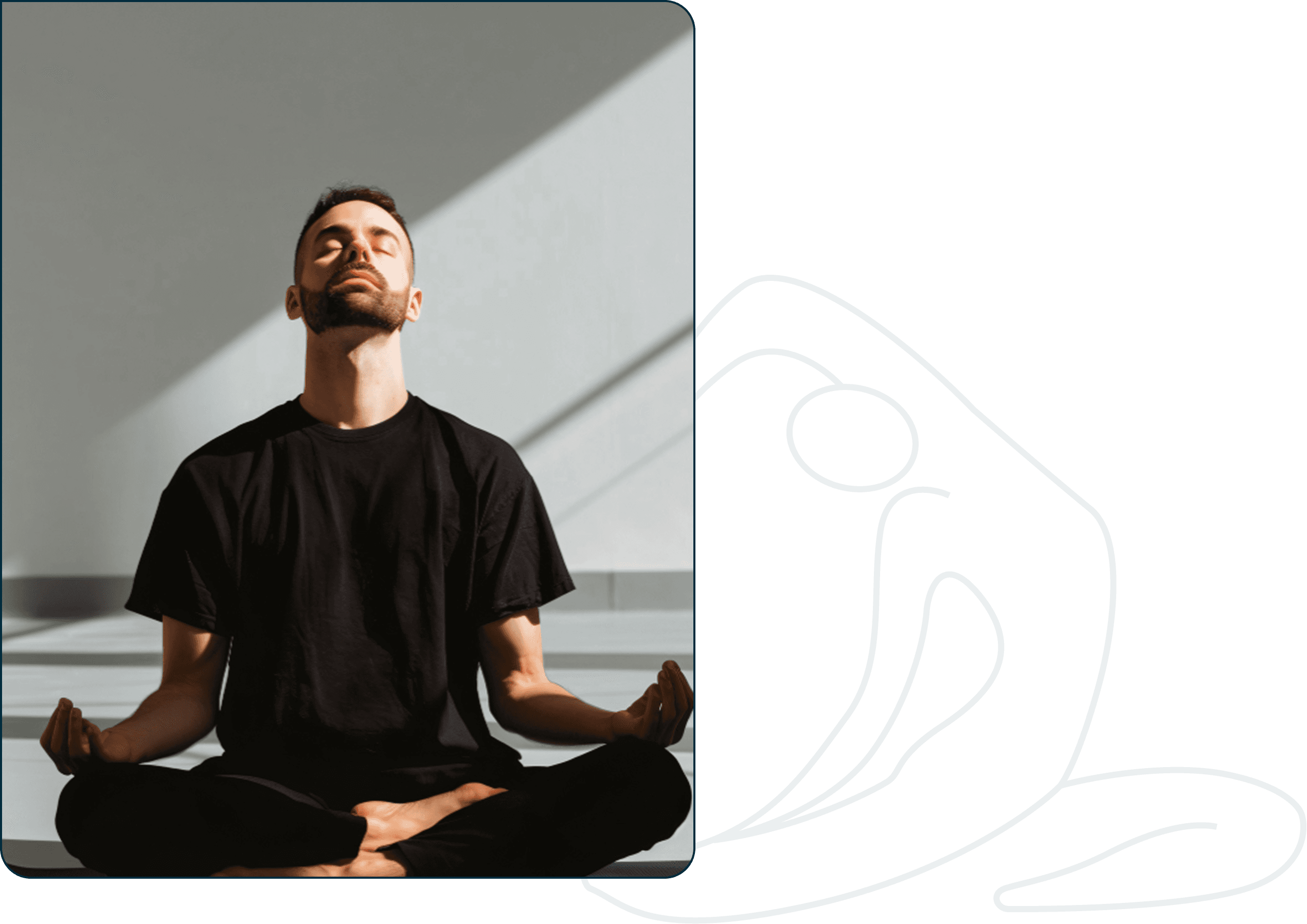 Man meditating cross-legged in a calm studio, framed beside line art
