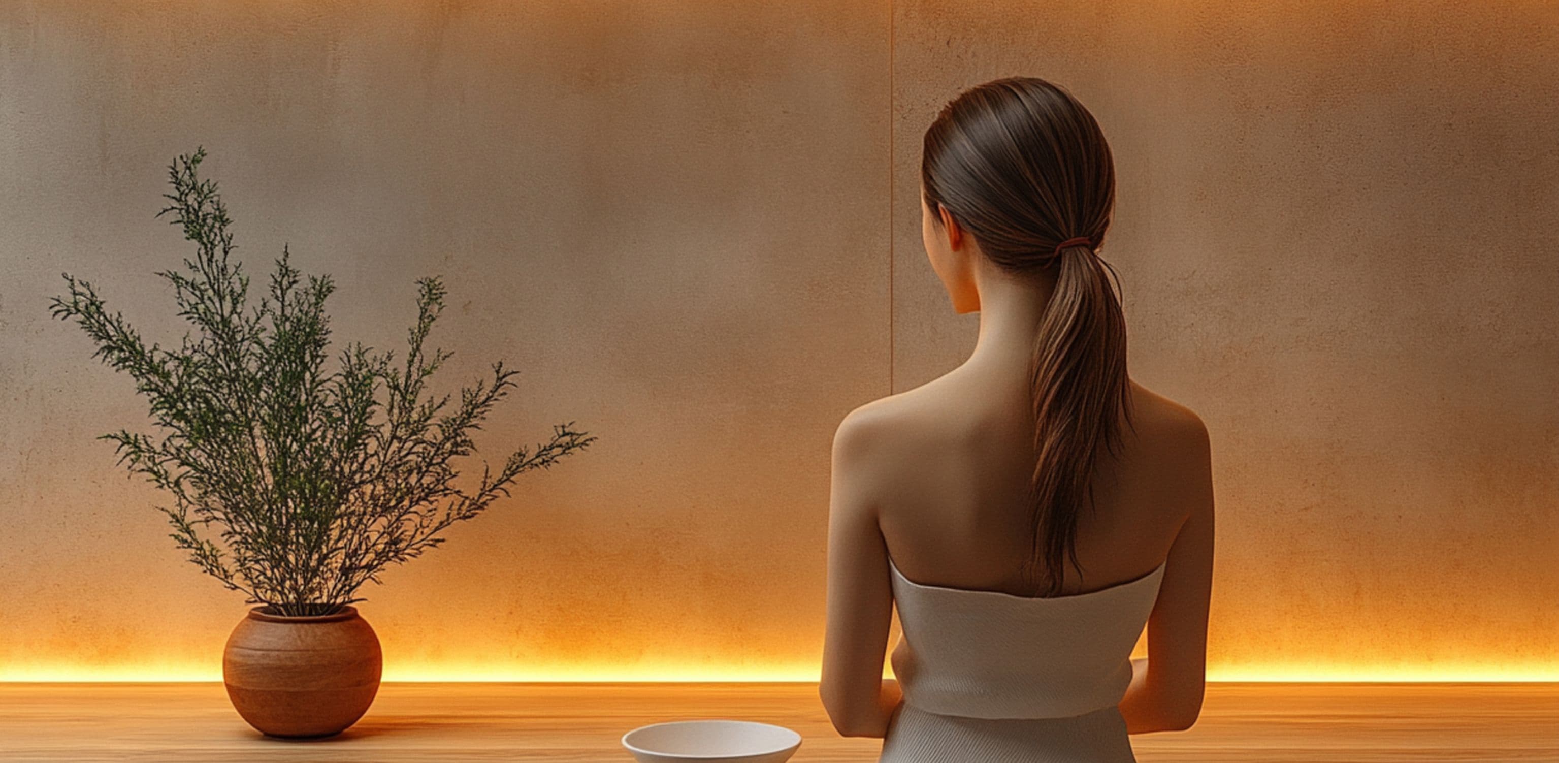 Woman with a ponytail facing a warmly lit wall