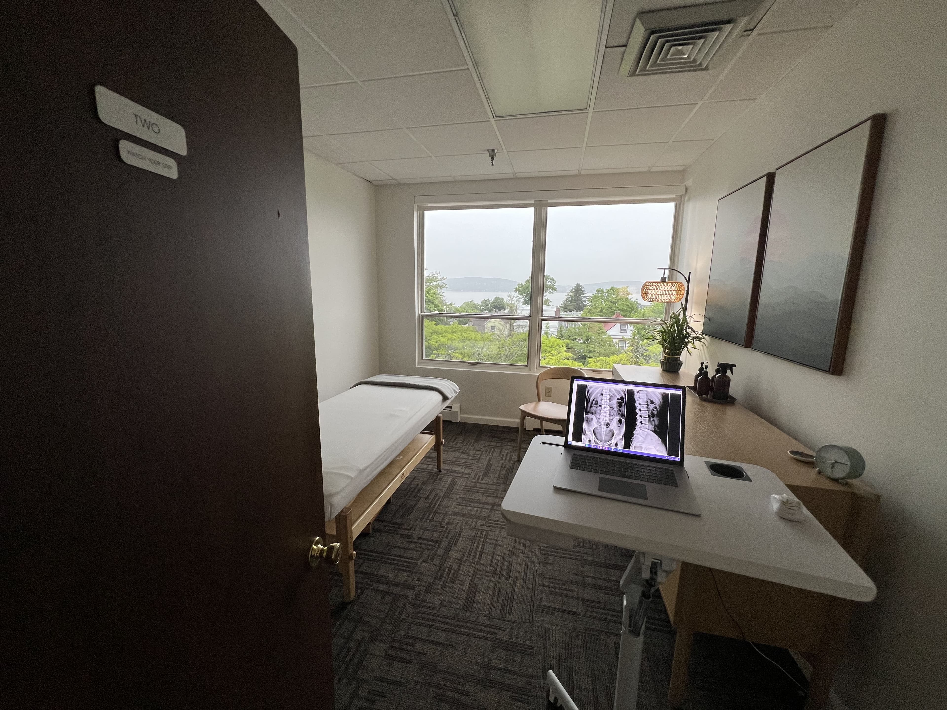 Treatment room with a table and a laptop showing an x-ray