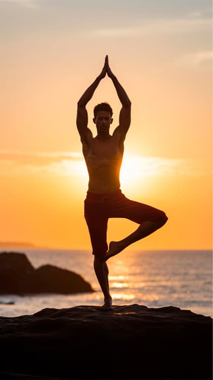 Silhouette in a tree pose at sunset